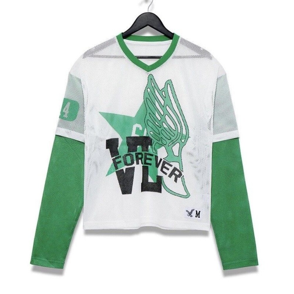 Vale Forever Vale State Mesh Layered Jersey Y2K Green White Long Sleeve Top L
